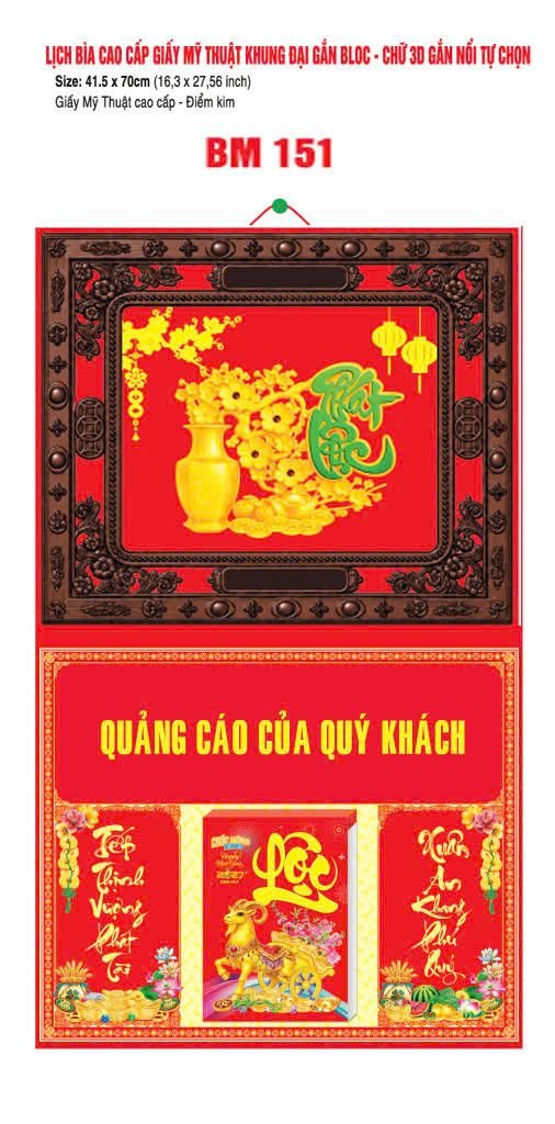 Bìa Lịch Treo Khung Đại Gắn Bloc BM 2027 BM151 - Kim Dương Phú Quý - Quà Tặng Thủy Tinh