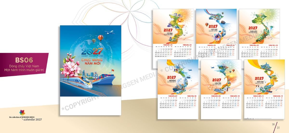 Lịch 7 Tờ Lò Xo 2027 BS16 Bộ Quà Tặng Doanh Nghiệp Thủy Tinh & Lịch