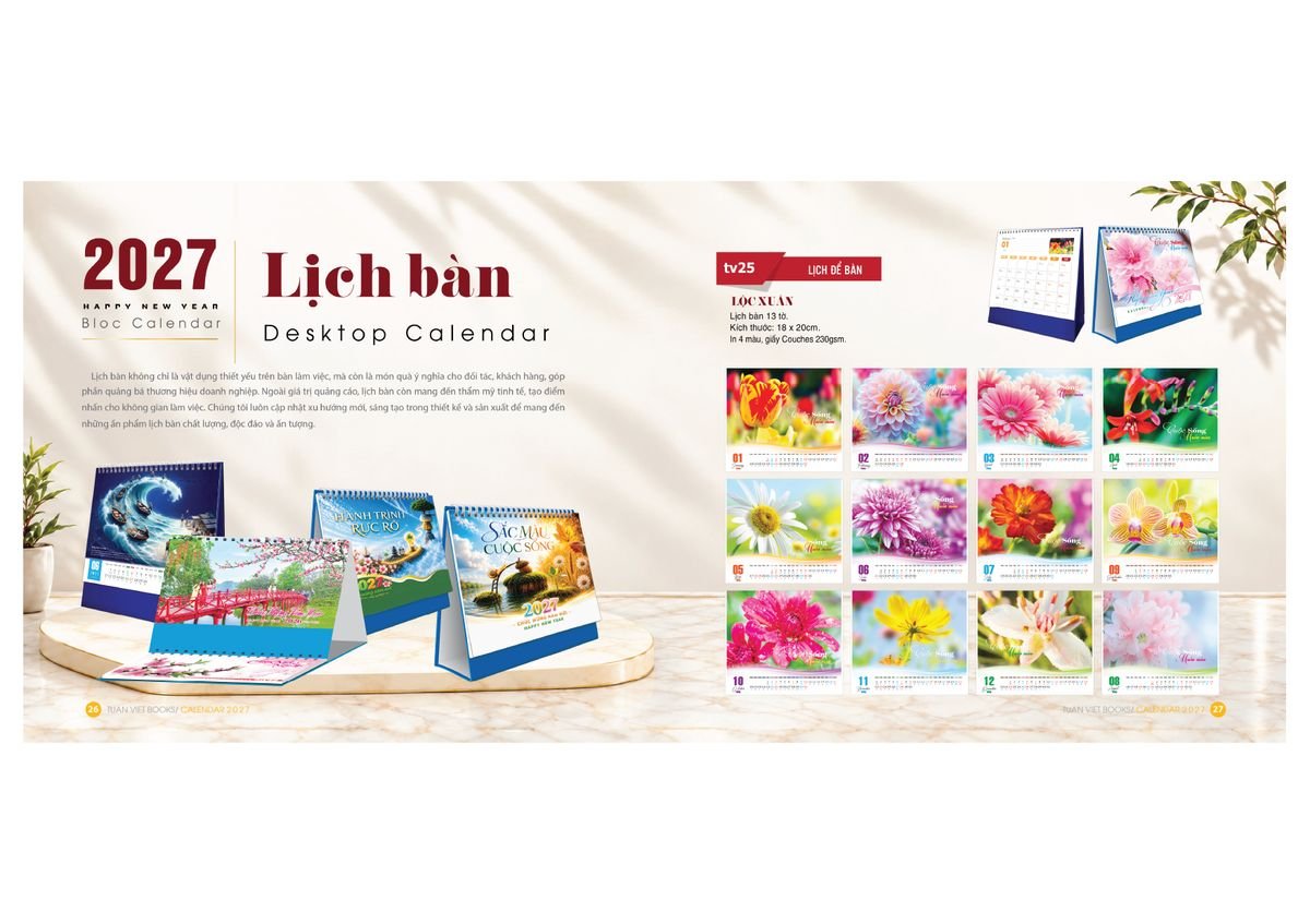 Lịch Bìa Treo Gắn Bloc 2027 Tuấn Việt TV14 Bộ Quà Tặng Doanh Nghiệp Thủy Tinh & Lịch